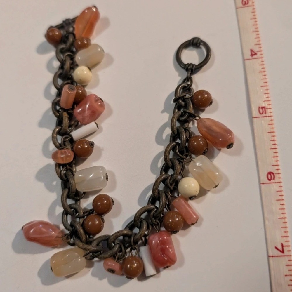 Vintage Brass Tone Chunky Charm Bracelet Earthy Peach Terracotta Beads Toggle